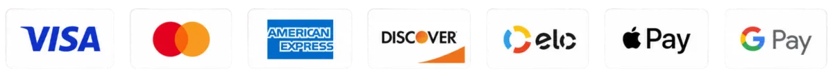 Accepted cards: Visa, Mastercard, American Express, Discover, Elo, Apple Pay, Google Pay